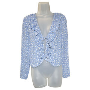 Abercrombie Fitch Women Small Blue Micro Floral Tie Front Ruffle Cropped Blouse